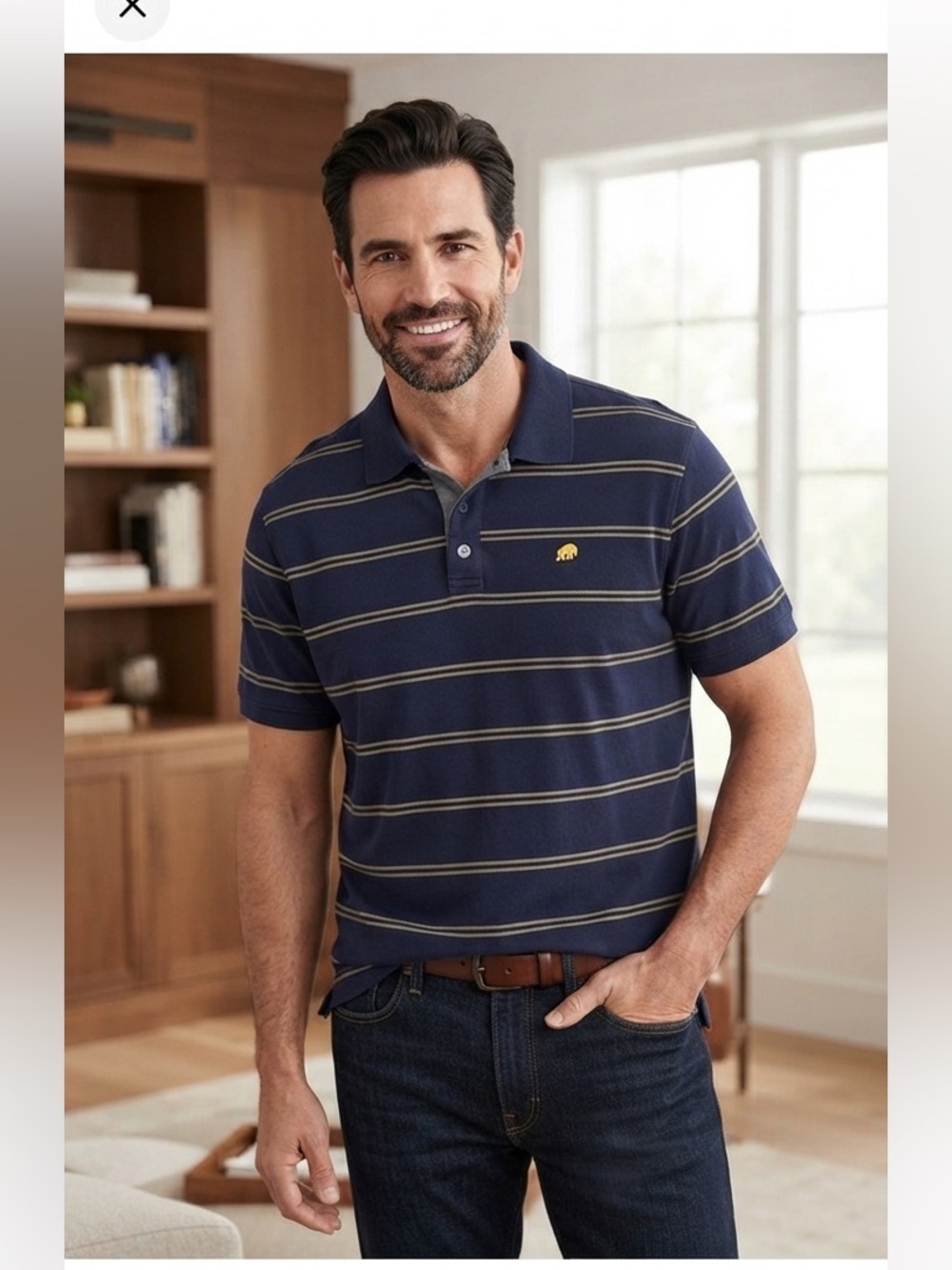 Banana Republic XXL Tall Mens Polo Shirt Navy Yellow Stripe Elephant Logo Cotton